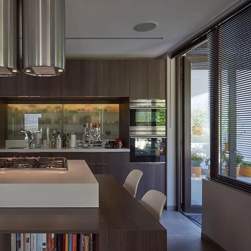 Cocina residencial integrada con isla, equipamiento empotrado y ventanales hacia terraza