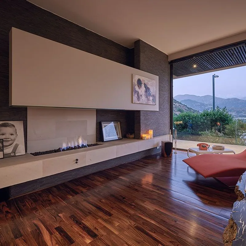 Sala de estar con revestimientos de madera y vista al jardin